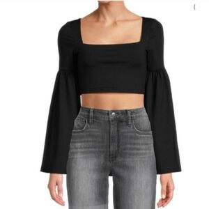 NWT Susana Monaco Bell Sleeve Square Neck Crop Top Black Size Large